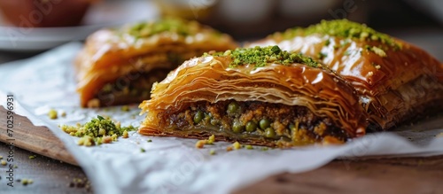 Two halves of baklava placed on wax paper.