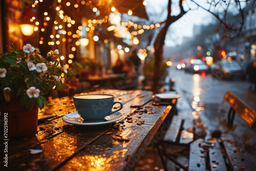 A warm cup of coffee on a wet wooden table at an outdoor cafe, with evening city lights reflecting on a rainy day.