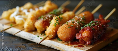 Korean corn dogs are a variety of fried batter-coated snacks, including hot dogs, rice cakes, fish cakes, and mozzarella cheese. photo