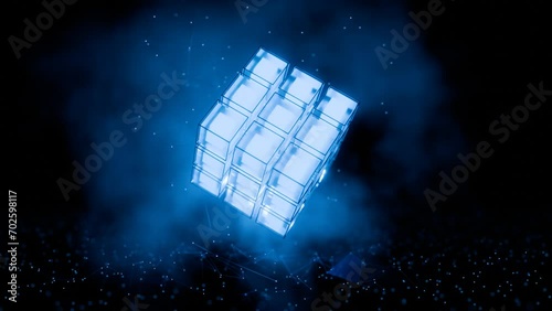 Rotating technological cube in a futuristic background. Neural network training concept. Artificial Intelligence. Blockchain. Big data. Programming.