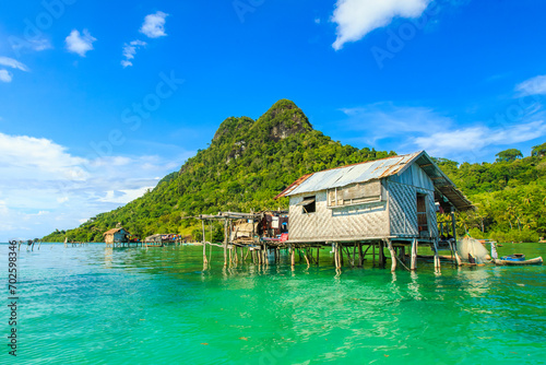 Beautiful landscapes view borneo sea gypsy water village in Mabul Bodgaya Island, Malaysia.