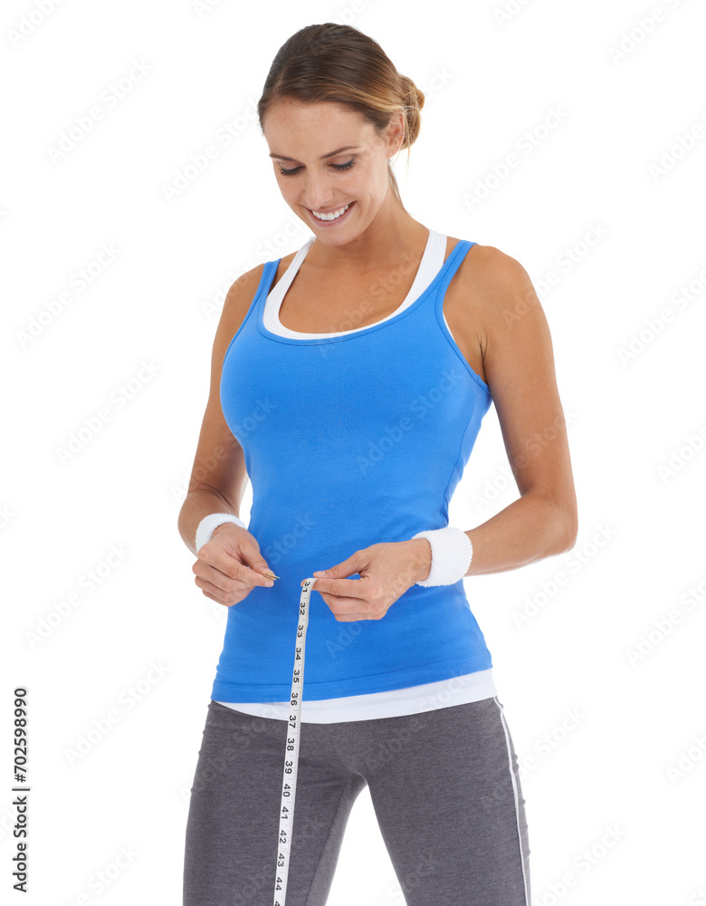 Woman, stomach and measure tape for fitness, weight loss and health results or training progress in studio. Model check body or abdomen for exercise goals and diet or workout on a white background Woman, stomach and measure tape for fitness, weight loss and health results or training progress in studio. Model check body or abdomen for exercise goals and diet or workout on a white background