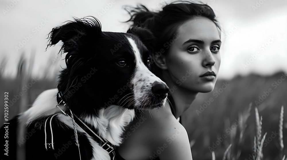 Fototapeta premium monochrome close-up portrait of a woman with a dog on a walk in the park