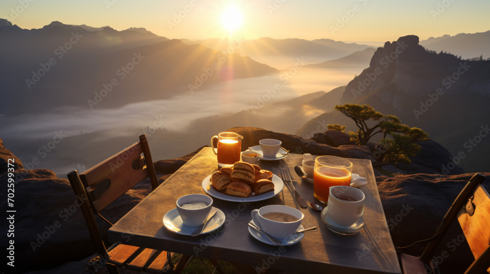 Sunrise breakfast on a mountain with a stunning view
