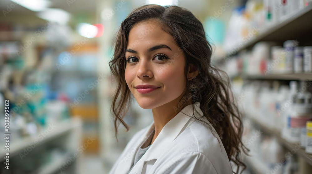 Spanish female pharmacist in pharmacy, selective focus portrait.