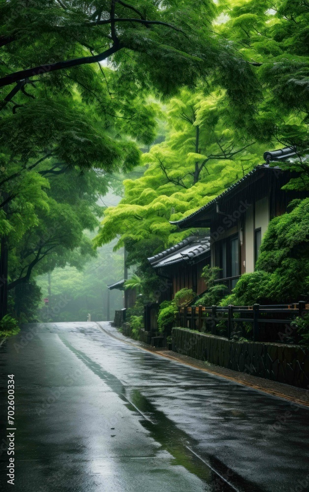 Picture of a Peaceful Japanese Countryside Road in the Rain Picture of a Peaceful Japanese Countryside Road in the Rain