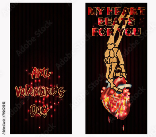 No Valentines day two banners, skeleton hand holding a heart. vector illustration