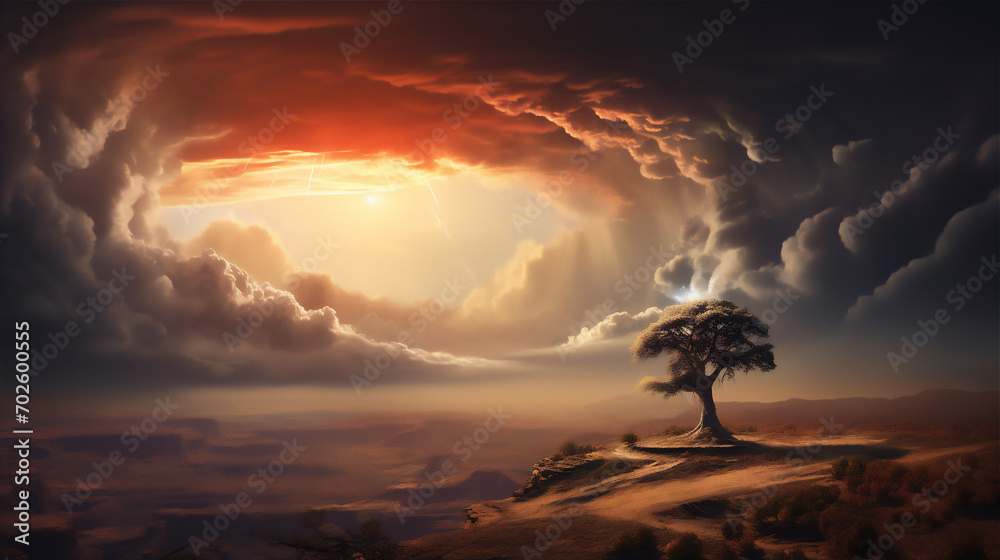 Tree in the desert with lenticular clouds over the mount and ray of light from the sun in sunset Tree in the desert with lenticular clouds over the mount and ray of light from the sun in sunset