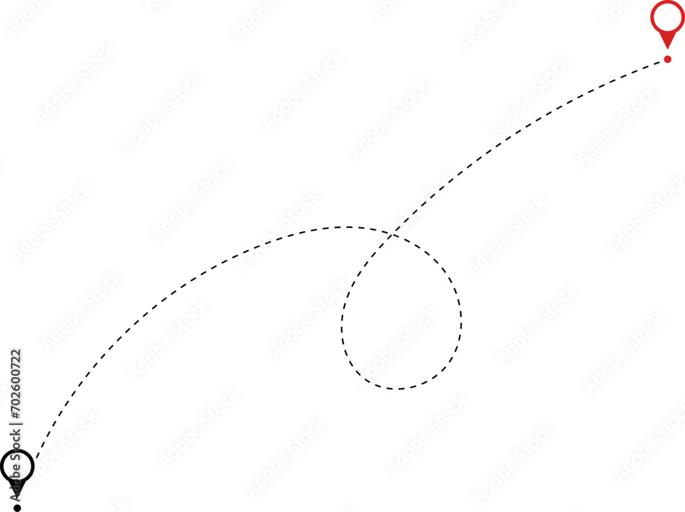 Route icon - two points with dotted path and location pin. Route location icon two pin sign and dotted line. Travel vector icon. Travel from start point and dotted line tracing. Route icon - two points with dotted path and location pin. Route location icon two pin sign and dotted line. Travel vector icon. Travel from start point and dotted line tracing.