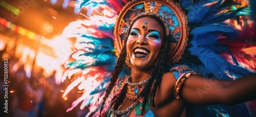 Spectacular Samba dancers in vibrant costumes, performing at the Carnival, energetic and colorful. Banner.