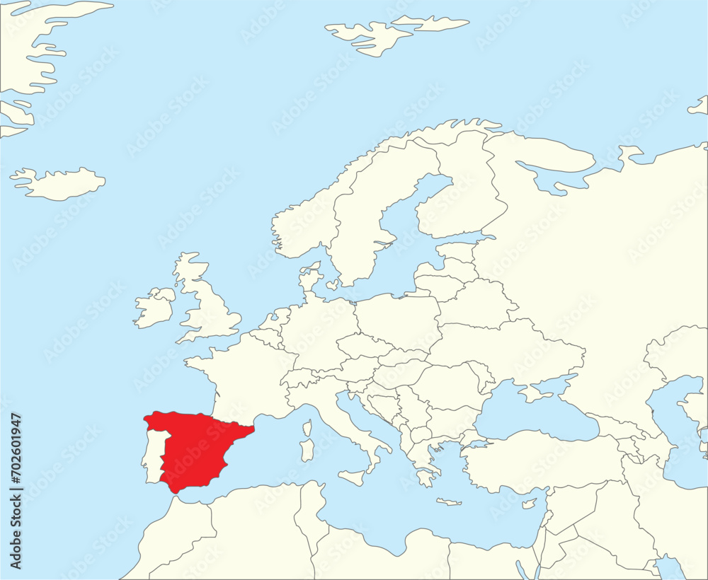 Red CMYK national map of SPAIN inside simplified beige blank political map of European continent on blue background using Winkel Tripel projection