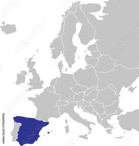 Blue CMYK national map of SPAIN inside simplified gray blank political map of European continent on transparent background using Mercator projection