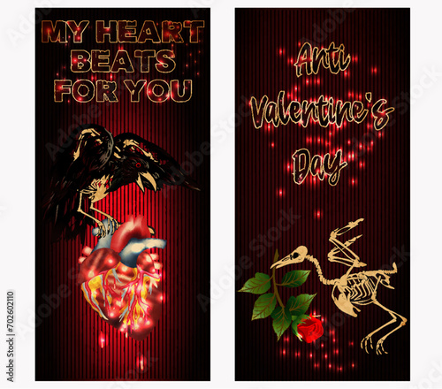 No Valentines day banners, raven skeleton holding a heart. vector illustration