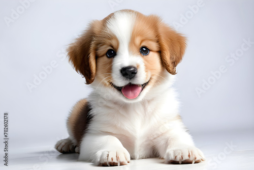A cute puppy with a big smile. Simple background. Generative AI