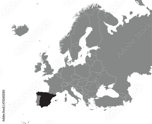 Black CMYK national map of SPAIN inside detailed gray blank political map of European continent on transparent background using Mercator projection