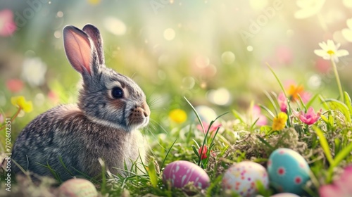 Easter Bunny with Painted Eggs Amidst Flowers.