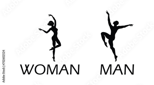 Silhouettes of men and women dancing ballet. For printing stickers or icons separating male and female symbols.