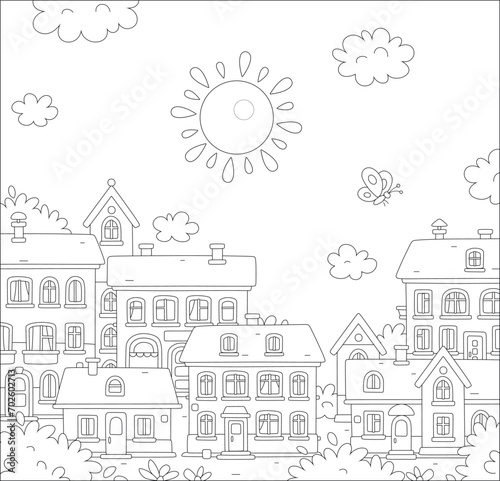 Funny toy houses of a pretty little town on a sunny summer day, black and white outline vector cartoon illustrations for a coloring book