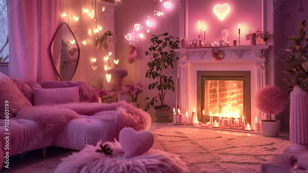 Romantic Valnetine's Day living room interior with fireplace and fire, glowing hearts decoration, 4k loop