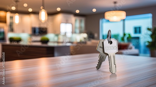 Home Keys on Wooden Table Inside Modern House. photo