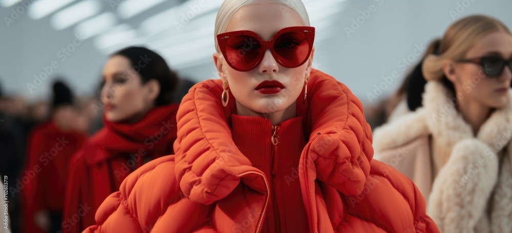 Fashion model in red puffer jacket and sunglasses at catwalk event. High fashion and style. Banner. Fashion model in red puffer jacket and sunglasses at catwalk event. High fashion and style. Banner.