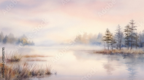 Watercolor of misty lakeside at dawn.