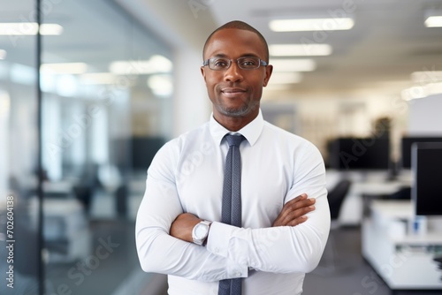 Confident black professional in corporate office