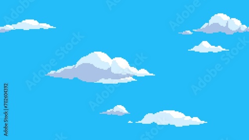 Pixel art clouds floating horizontally on blue sky background. Seamless looping animation. Animated cartoon cloudscape.
