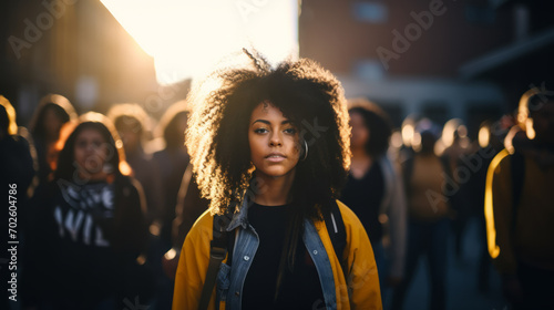 Portrait of a black woman marching in protest with a group of people in city street © Keitma