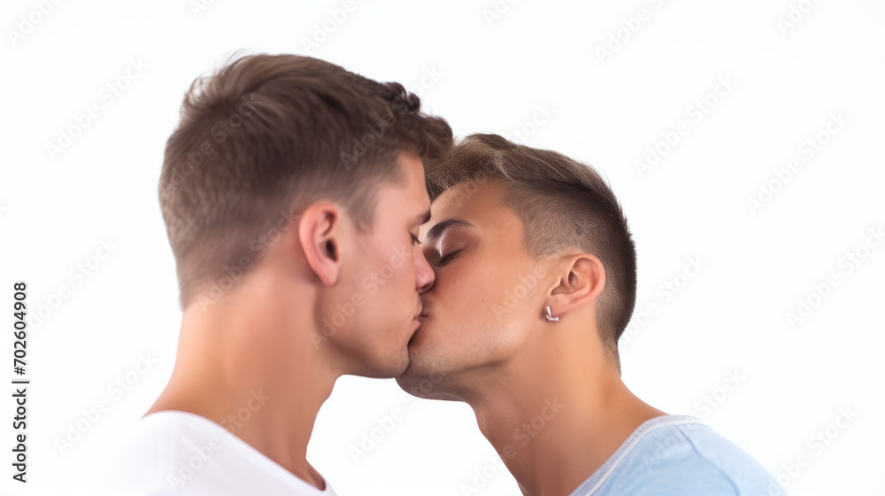 Handsome homosexual gay couple kissing , two men same gender love , close to each other side view isolated on white background