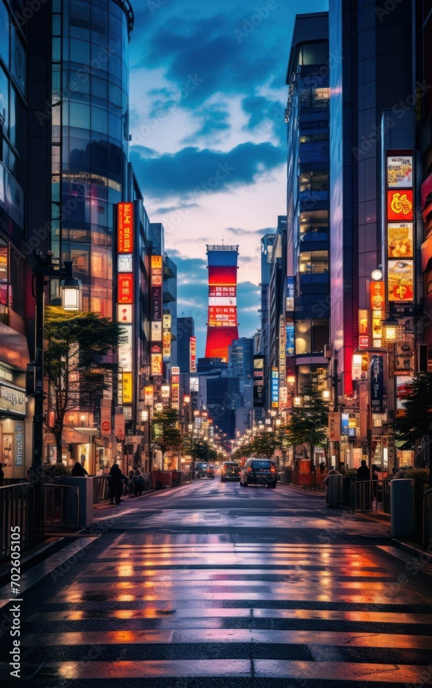 Image of a Contemporary Tokyo Street at Dusk - obrazy, fototapety, plakaty 