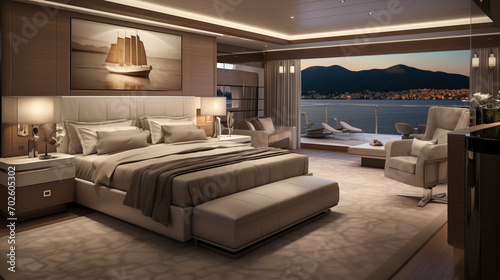 Comfortable and spacious master bedroom inside a luxurious yacht. © Jammy Jean
