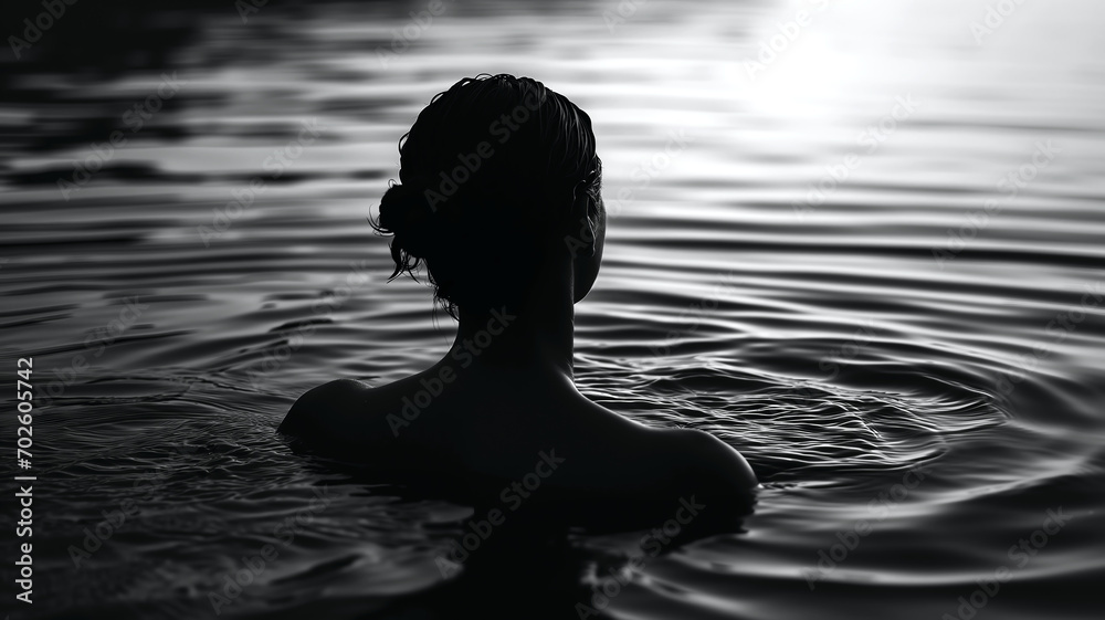 silhouette of woman in water serene reflection monochrome tranquil black and white