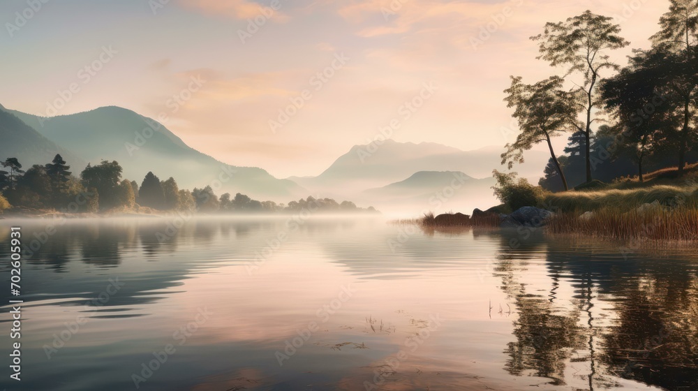 Dawn's Soft Hues Reflected in Calm Lakeside Waters with Mountains