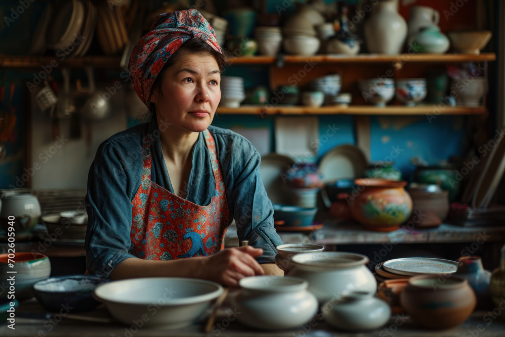 Kazakhstan woman artist in ceramic workshop Kazakhstan woman artist in ceramic workshop