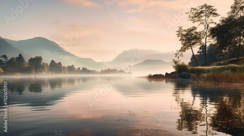 Dawn's Soft Hues Reflected in Calm Lakeside Waters with Mountains © sitifatimah