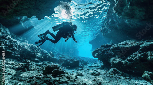 scuba diver in the cave underwater