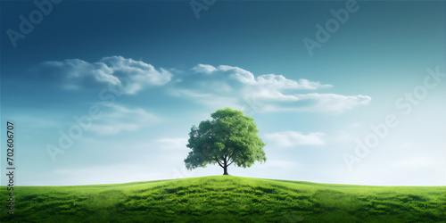 tree in the green field at the beautiful blue bright sky