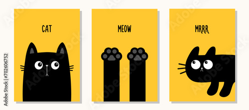 Black cat greeting card banner set. Peeking from the corner kitten, paw print, hands. Meow, Mrrr text template. Cute kawaii cartoon funny boo pet baby character. Flat design. Yellow background.