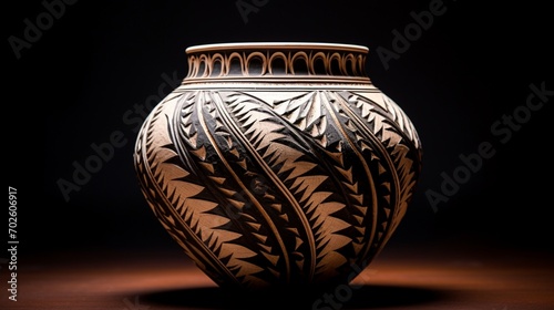 A ceramic vase sculpted with intricate patterns and designs, showcasing the artist's skill in working with clay.
