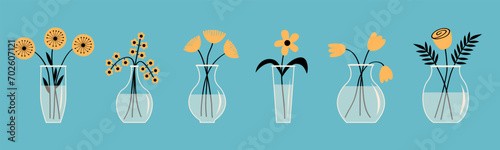 Flower in vase set line. Glass vases with water. Different yellow flowers. Cute colorful icon collection. Daisy, rose, tulip, gerbera. Ceramic Pottery Glass decoration. Blue background. Flat design.