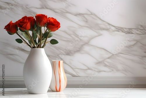 Red Roses in a White Vase on White Marble Background © Rax Qiu