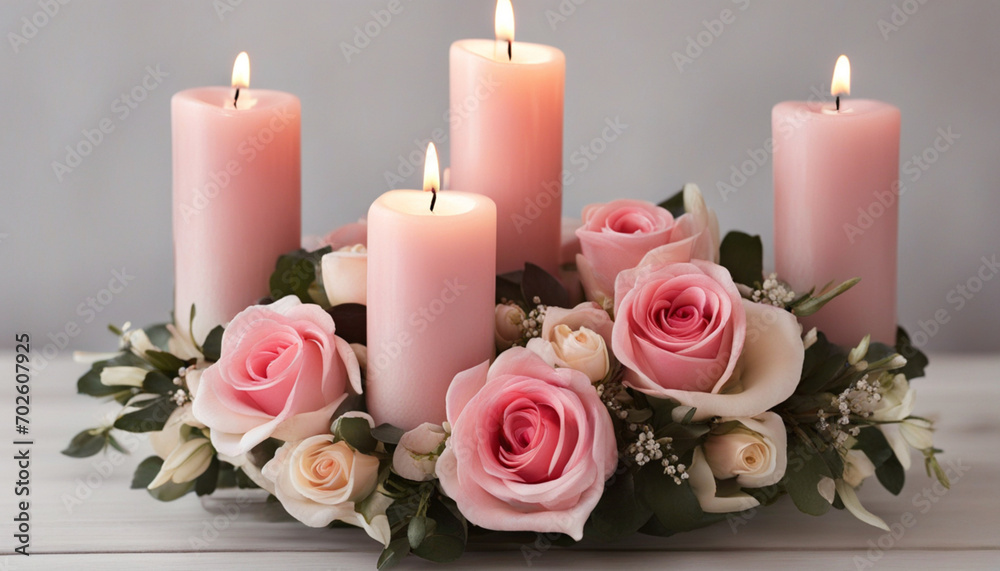 Obraz premium Candles and a bouquet of pink roses. Valentine's Day