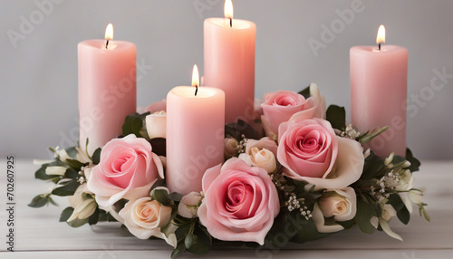 Candles and a bouquet of pink roses. Valentine's Day