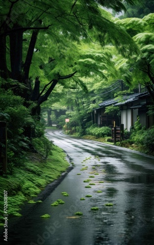Picture of a Peaceful Japanese Countryside Lane in the Rain
