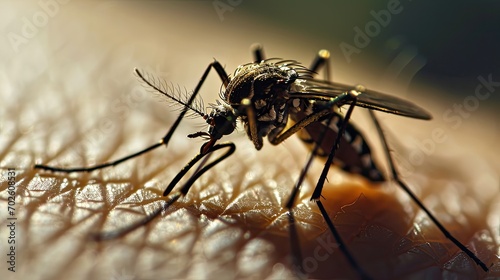 Intricate Shot of a Mosquito Biting Human Skin. photo