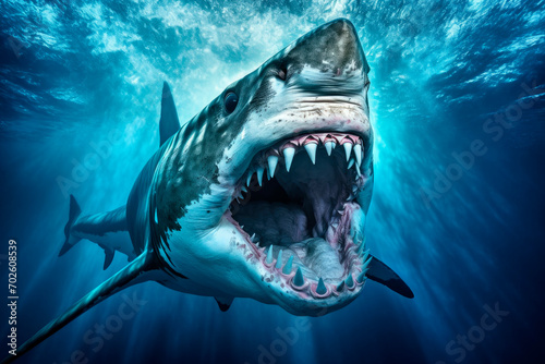 Great white shark attack the camera underwater in the depths of the ocean.