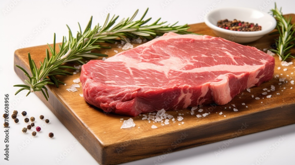 Raw beef steak with rosemary and spices for cooking on white background.