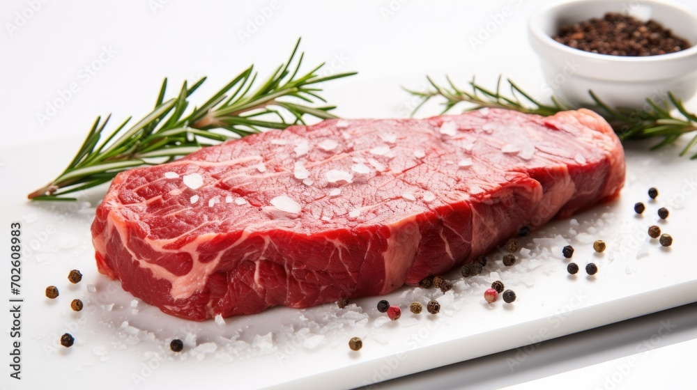 Raw beef steak with rosemary and spices for cooking on white background. Raw beef steak with rosemary and spices for cooking on white background.