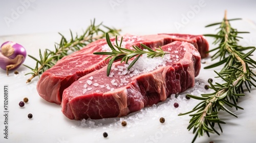 Raw beef steak with rosemary and spices for cooking on white background.